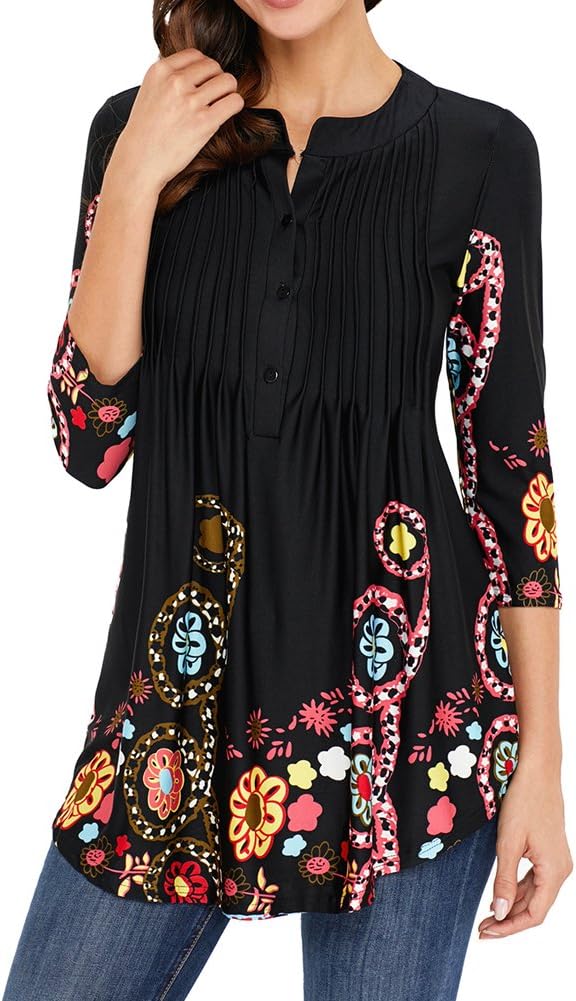 Women's Casual Tunic Blouses Floral Print Pleated Long Fit Tee Shirt Tops with 3/4 Sleeves