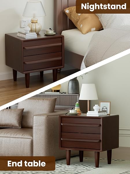 SOLID OAK WOOD NIGHTSTAND, MID-CENTURY MODERN BEDSIDE TABLE WITH 2 DRAWERS, CURVED PROFILE END TABLE WITH STORAGE & SOLID WOOD FEET FOR BEDROOM, EASY ASSEMBLY, DARK WALNUT COLOR (15.7″DX17.7″WX21.6″H