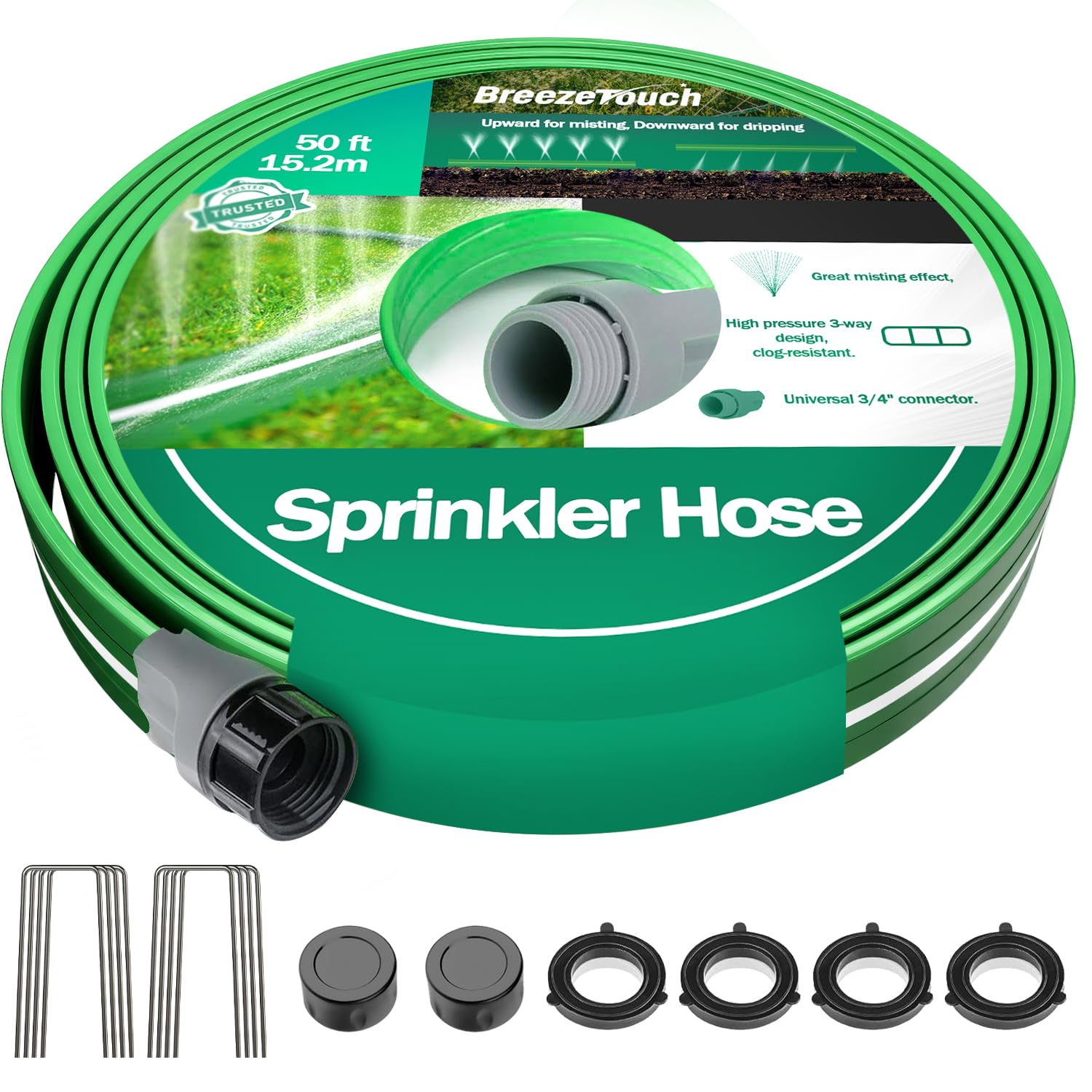 Photo 1 of Breeze Touch 50FT Sprinkler Hoses, Flexible Garden Hose with High-Mist Spray, Leakproof Flat Irrigation Hose, Grass Watering Soaker Hose with Stakes for Lawn & Yard