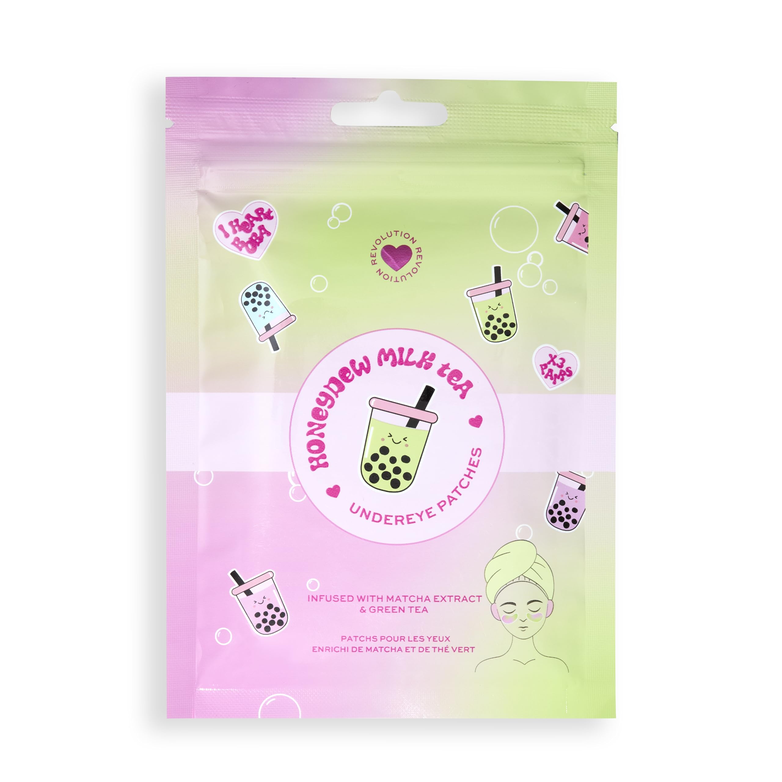 I Heart Revolution Bubble Tea Honeydew Milk Tea Undereye Patches, Soothe & Nourish Skin With Hyaluronic Acid, Vegan & Cruelty-Free