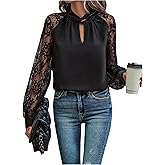 GORGLITTER Women's Lace Long Sleeve Twist Front Top Keyhole Neck Dressy Business Office Blouse Shirt Top