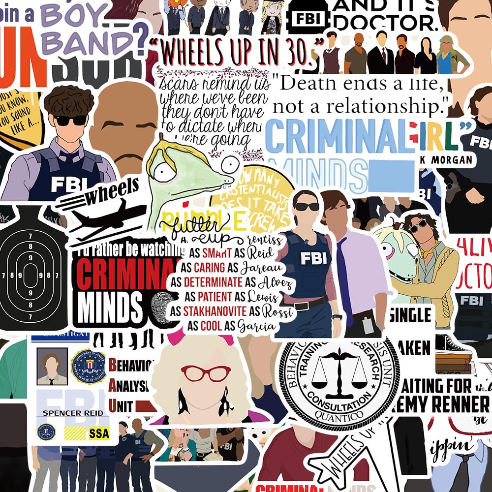 Criminal Minds TV Show Stickers 50Pcs, Vinyl Waterproof Merchandise Decals for Laptop Water Bottles Computer Bumper Car Bike Hard Hat, Graffiti Patches for Men Women Kids Teens Adults