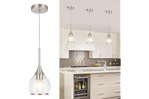 ZOAKLIGHEN 1-Piece Island Light for Kitchen, 1-Light Brushed Nickel Kitchen Island Hanging Pendant Light, Brushed Nickel Dining Room Light Fixture Over Table with Clear Round Glass Shade
