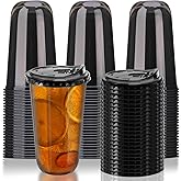 18oz Disposable Stemless Glasses With Strawless Sip Lids,PET Disposable Drinking Cups,Clear Plastic Wine Glasses for Parties Birthday,Wedding,Meeting,Christmas Party Supplies. (50, Black)