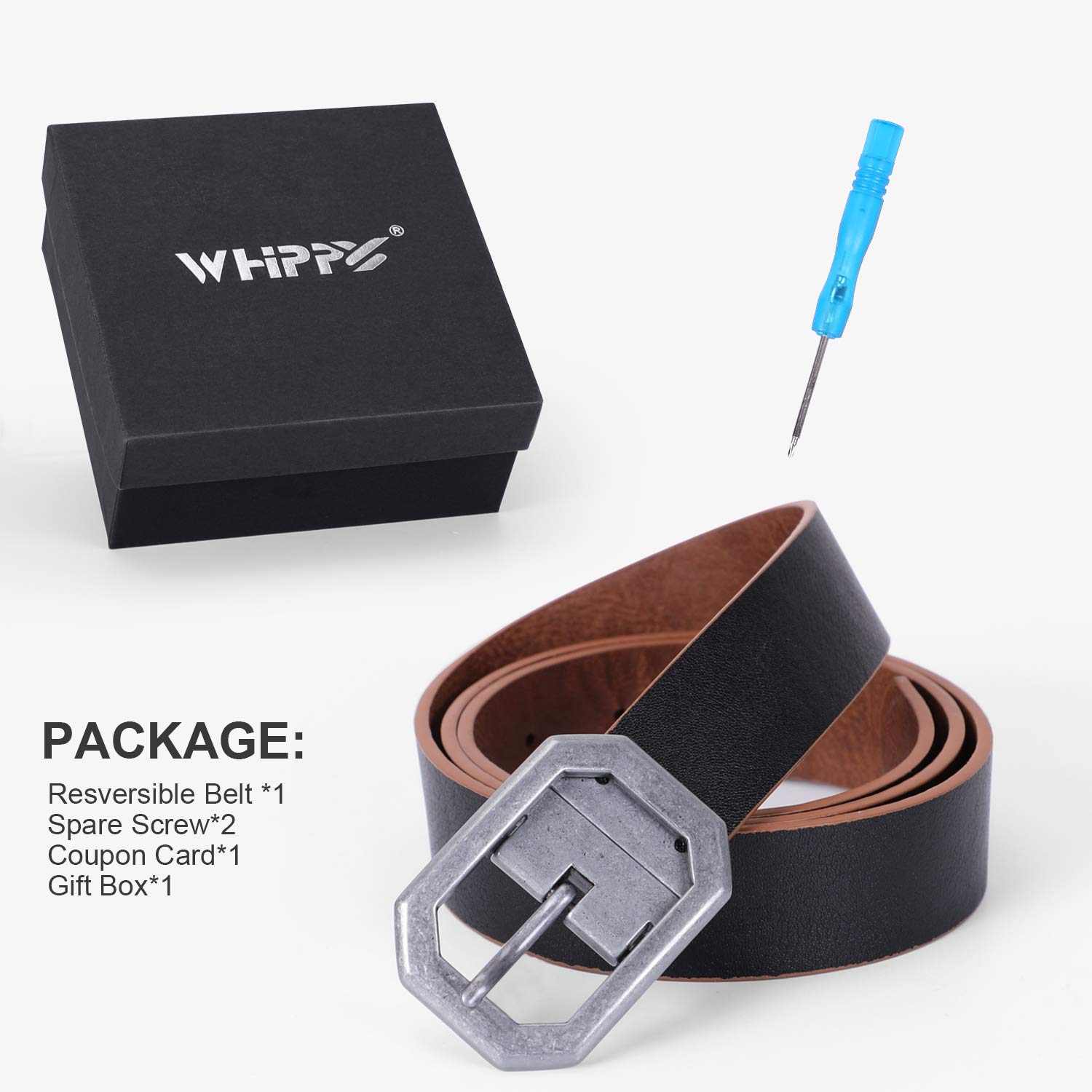 WHIPPY Reversible Women/Men Belt Leather Dress Belts for Jeans Pants Rotating Buckle for 2 Colors,Black+Brown,Suit Pants 36-40 Inches