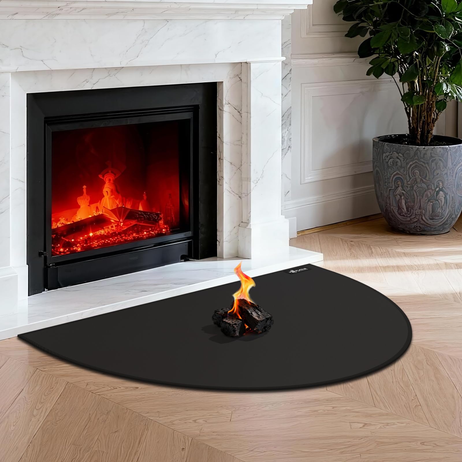 FLASLD Fireproof Fireplace Mat 28×48Inch Half Round Hearth Rug Protects Floors from Sparks Embers, Black