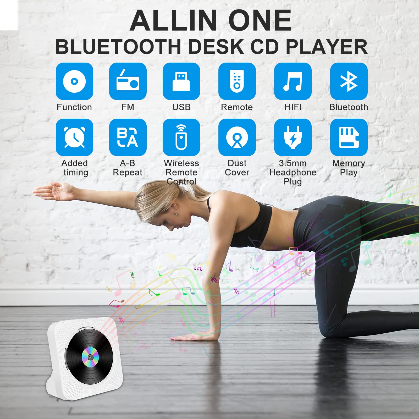 Portable Desktop CD Player for Home, with Timer, Remote Control, Inner Sperakers and Side LCD Screen Display Support FM Radio/USB/Bluetooth/CD Four Modes, Gift for Music Lovers