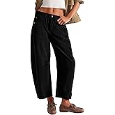 Lviefent Womens Mid Rise Cord Barrel Jeans Casual Baggy Wide Leg Corduroy Cropped Ankle Pants with Pockets