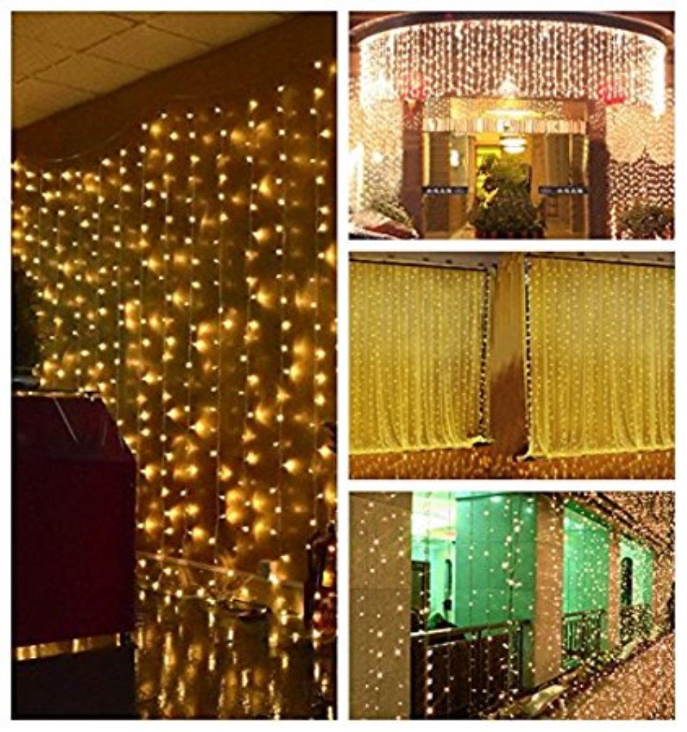 Bjour 300 LEDs Curtain Icicle Lights Christmas String Fairy Light Low-Voltage with 8 Lighting Modes RF Controller, Warm White