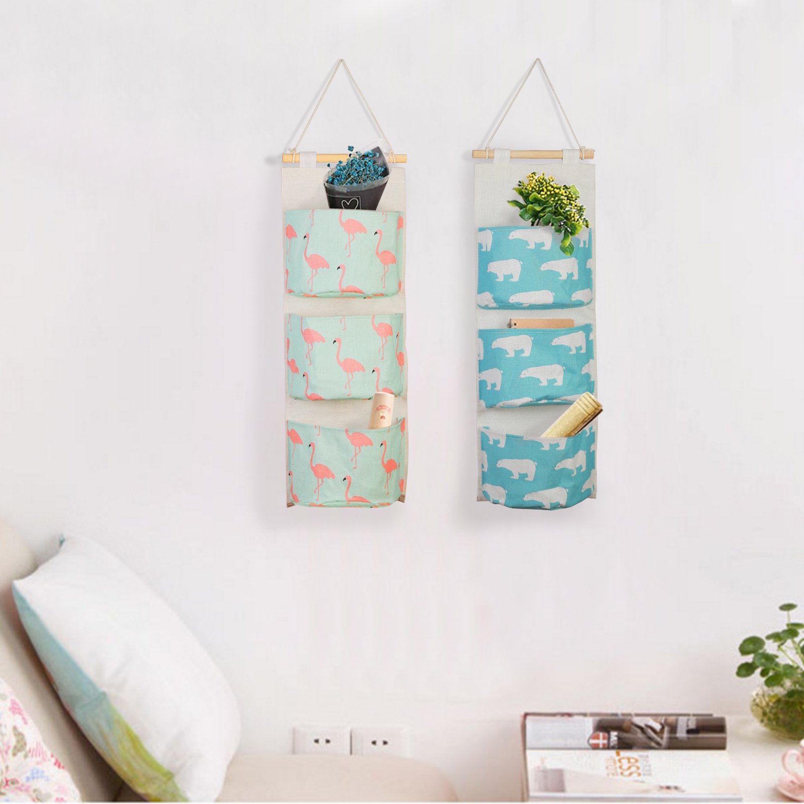 LANMOK 2 Pcs Hanging Storage Bags Case Cotton Closet Organizer Over The Door Wall Baskets with 3 Pockets 2 Pcs Self Adhesive Hooks for Kitchen Bedroom Bathroom Office