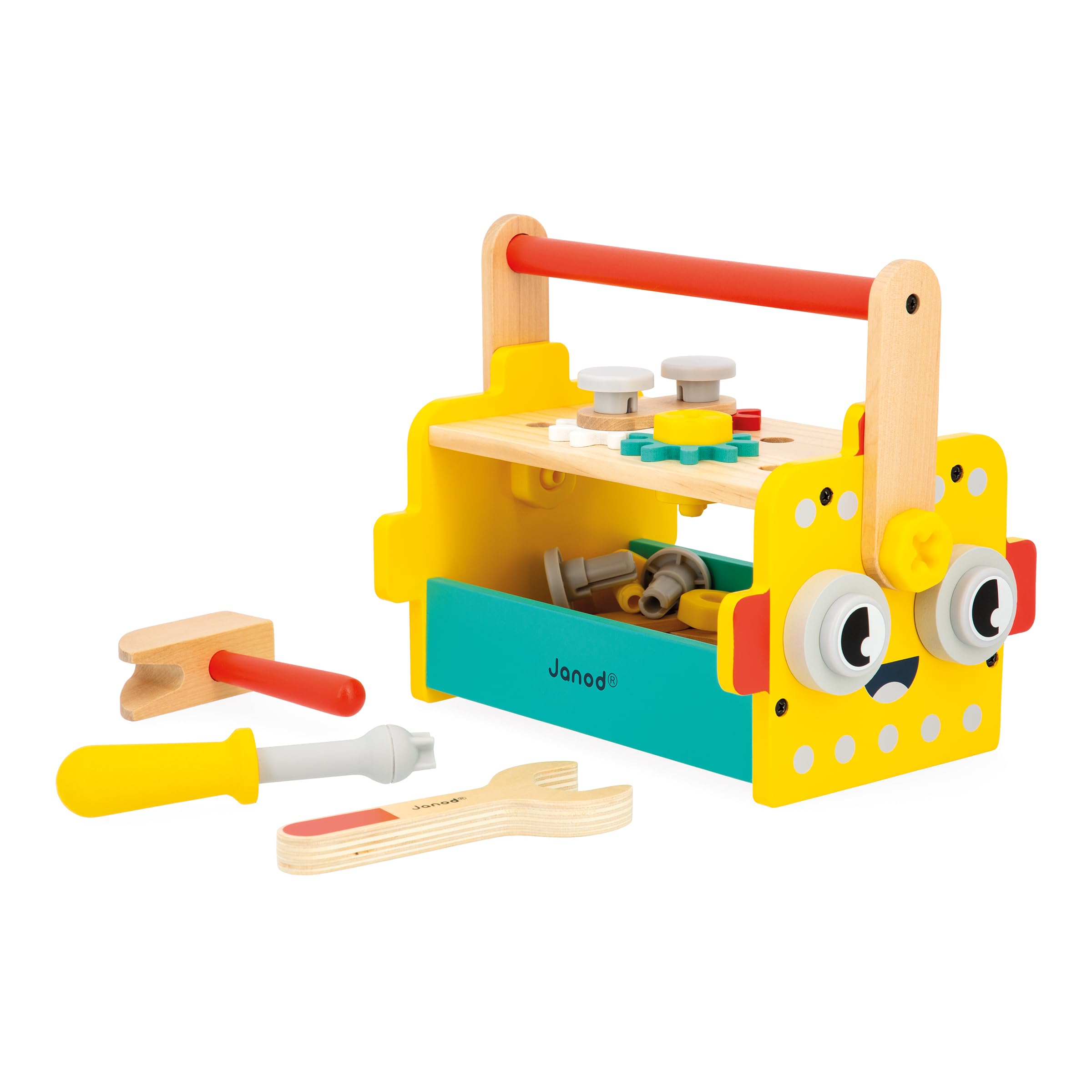 Janod - My First Construction Game - Robot Toolbox - 30 Accessories - Pretend Play - Develops Fine Motor Skills - 3 Years + - J06455