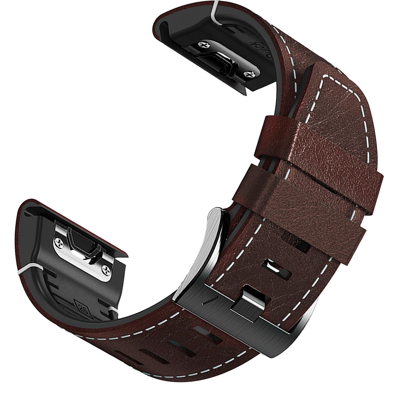 ahayo Leather Watch Strap for Garmin EPIX Pro 47mm / Fenix 7 / Fenix 6 / Fenix 5, Quick Fit 22mm Fiber Leather with Silicone Lining Stitches Soft Sweatproof Wristband for Approach S62(Coffee)