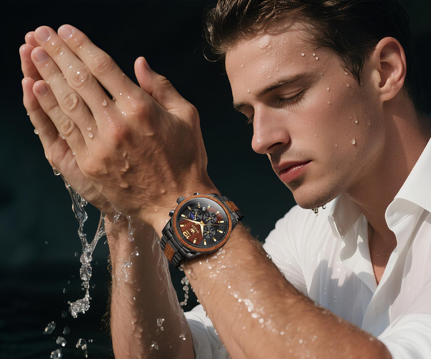 OLEVS Uhren Herren Echtholz Armband wasserdichte Quarzuhr Modische Business Freizeituhr 3