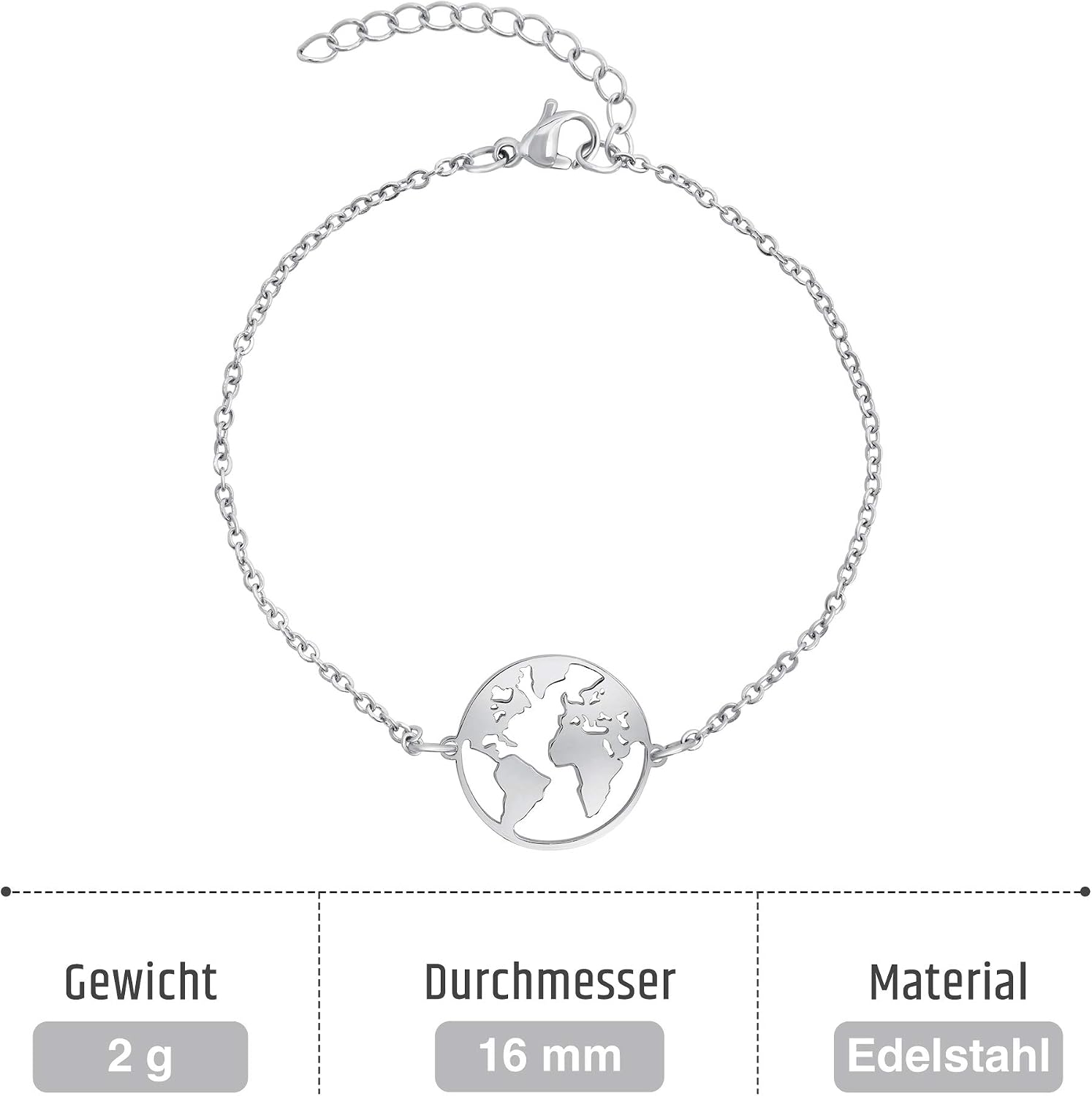 Nuoli® Bracelet World Globe (Various Colours) for Women Silver, 15 centimeters - Image 5