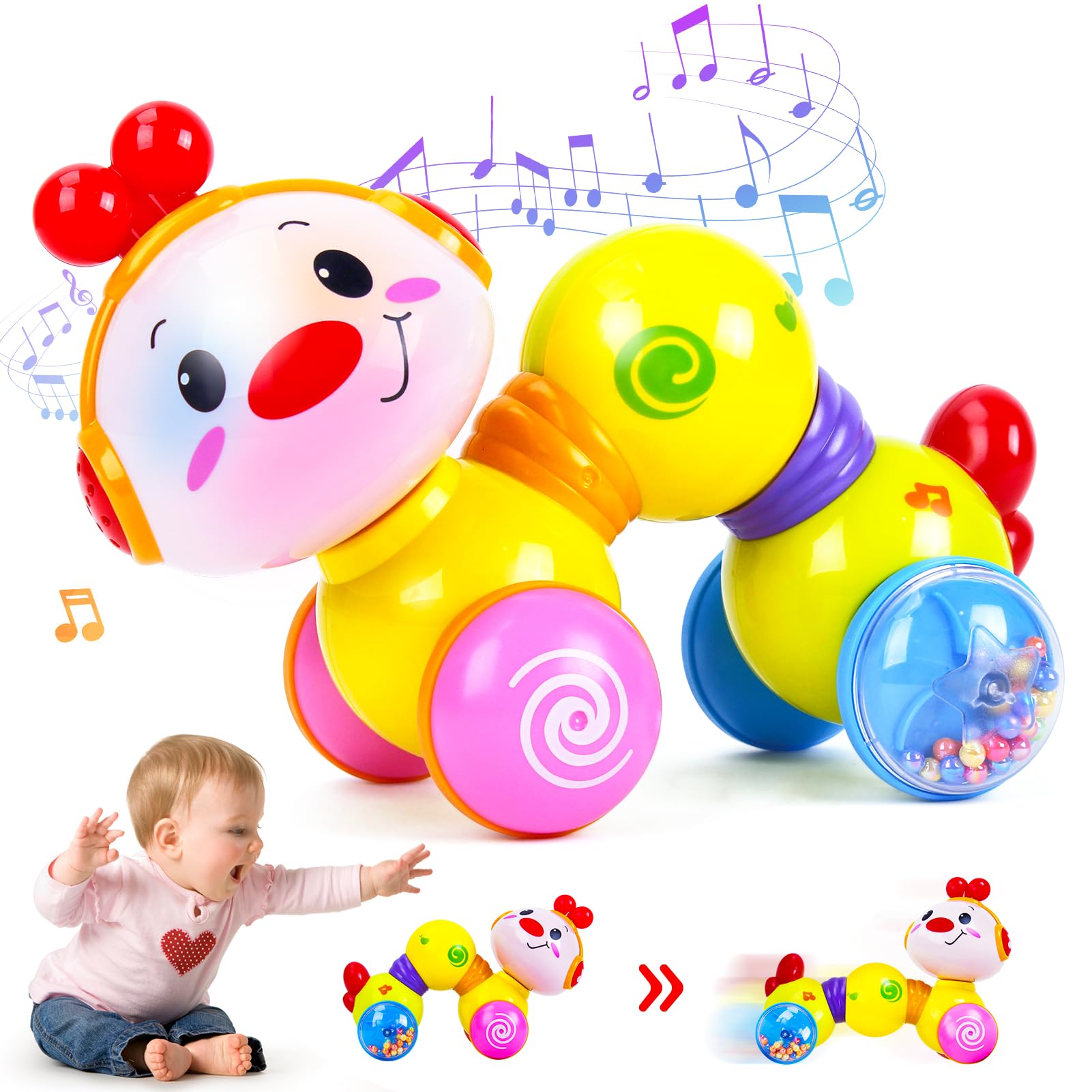 CubicFun Baby Toys 6 Months Plus - Musical Press and Go Inchworm Toy with Light up - Crawling Newborn Toddler Toys for 6 8 9 10 12 Month - Babies Toys for 1 2 Year Old Girls Boys