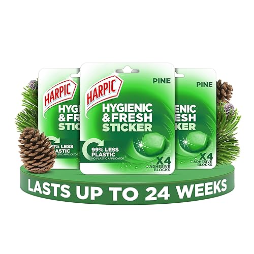 Harpic Hygienic Fresh Sticker Adhesive Toilet Block, Pine, Pack 3 x 4 Stickers, Toilet Freshener, No Plastic Applicator, Up to 24 weeks of Freshness