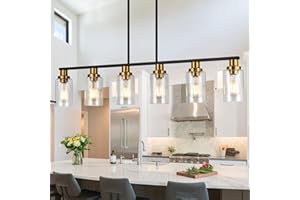 KPIOK Island Light for Kitchen, 6-Light Farmhouse Dining Room Light Fixture with Clear Glass Shade, 44.3'' Matte Black and Gold Linear Chandelier Pendant Lighting for Dining Table Kitchen Living Room