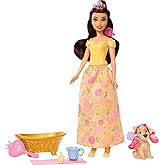 Mattel Disney Princess Belle Fashion Doll & Dog Figure with Color Change Spots, Bathtub, Brush & Hair Accessories, Inspired by Beauty & The Beast