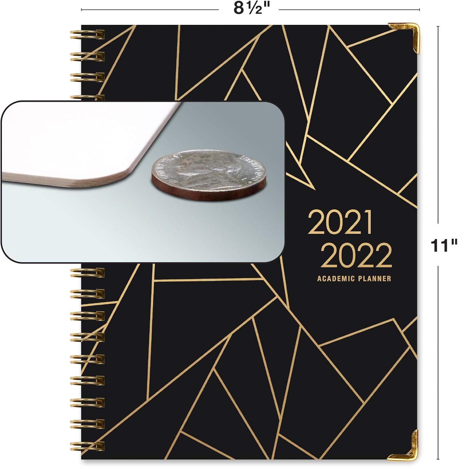 HARDCOVER Academic Year 2021-2022 Planner: (June 2021 Through July 2022) 8.5"x11" Daily Weekly Monthly Planner Yearly Agenda. Bookmark, Pocket Folder and Sticky Note Set (Black Gold Triangles) : Office Products