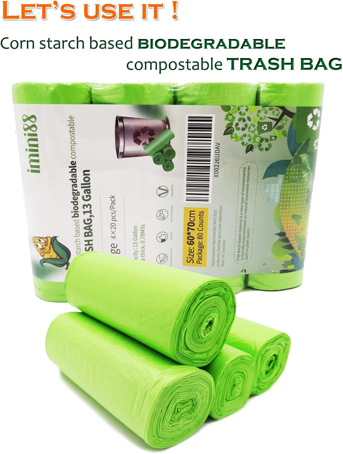 13 Gallon 80 Pcs Biodegradable Compostable Trash Bags – Transparent Green Bags – Strong and Leak-Proof – Compostable Trash Bags – Multipurpose Bin Bags for Bedroom, Bathroom, Kitchen, Office, Etc.: Health & Personal Care