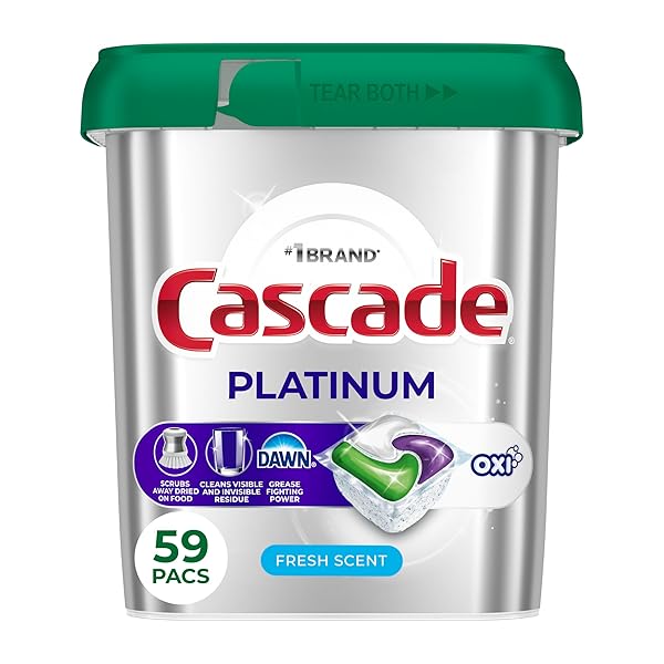 CASCADE PLATINUM + OXI DISHWASHER PODS, DISHWASHER DETERGENT, DISH DETERGENT SOAP, FRESH, 59 COUNT