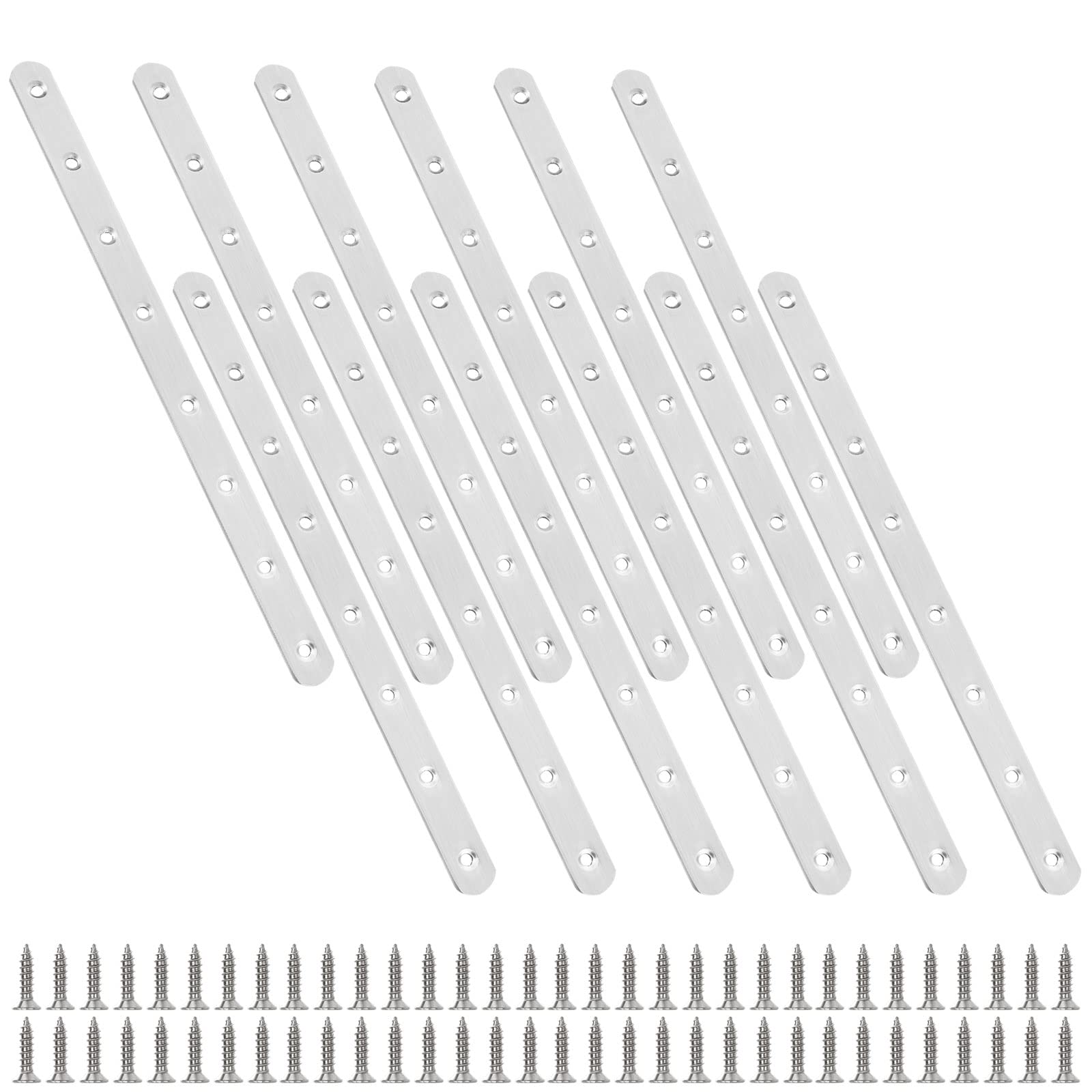 JMIATRY 12 Pcs Mending Plates, Metal Straight Brackets for Wood, 295mm Stainless Steel Sleeper Brackets with 120 Pcs Screws, Heavy Duty Flat Sleeper Fixings Metal Plate for Furniture Repair