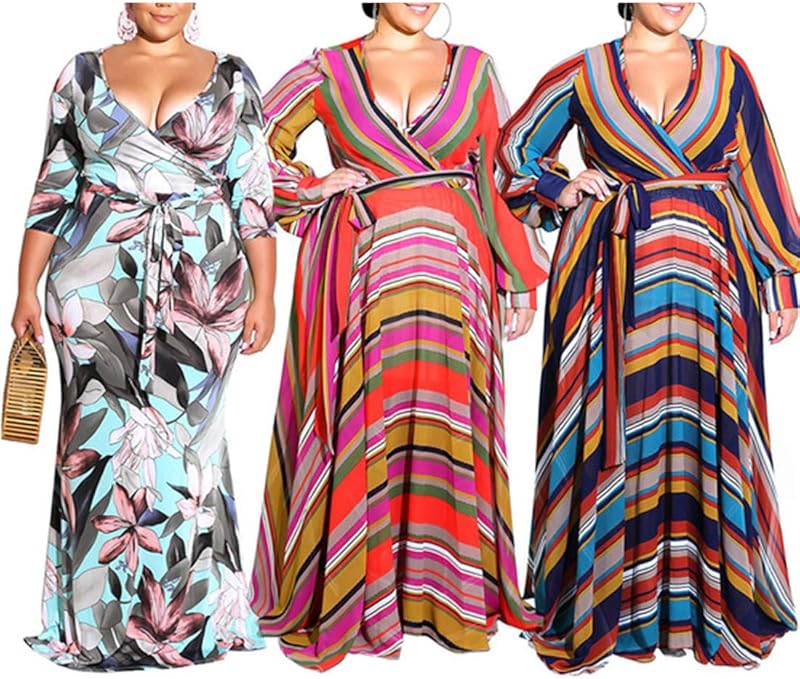 LOSRLY Womenâs Long Sleeve V Neck Casual Maxi Dress Tie Waist Boho Plus Size Dress Beach Dress 