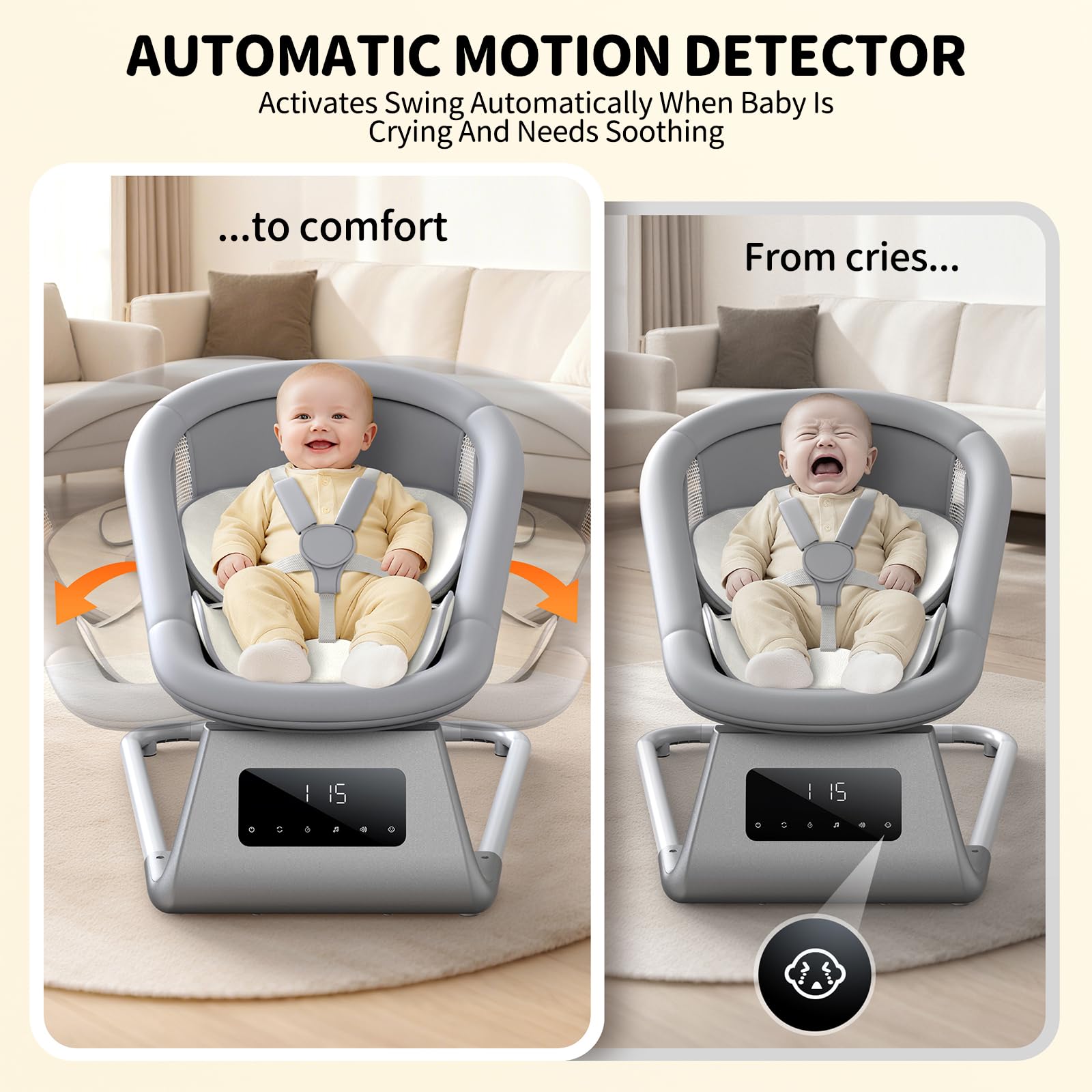 pudult Baby Swing, Electric Baby Rocker for Newborns with 3 Timer Functions, 5 Rocking Speeds, 11 Preset Lullabies and Bluetooth, 5-Point Harness, Suitable for Babies 0-6 Months, Up to 30 lbs