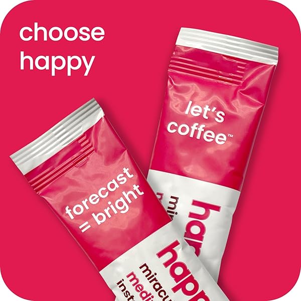 HAPPY INSTANT COFFEE, MEDIUM ROAST WITH NOTES OF CARAMEL AND GLEE, 8 PACKETS, SINGLE SERVE, USE FOR HOT OR ICED COFFEE, SUSTAINABLY SOURCED