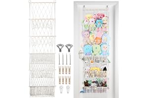 iHansee 5 Tier Stuffed Animal Storage Shelf Net, 17x61 Inch Large Plushie Net w/LED Light & Clips for Mini Medium Stuffy Teddy, Beige Boho Macrame Wall Toy Holder Display for Nursery Kids Girls Boys