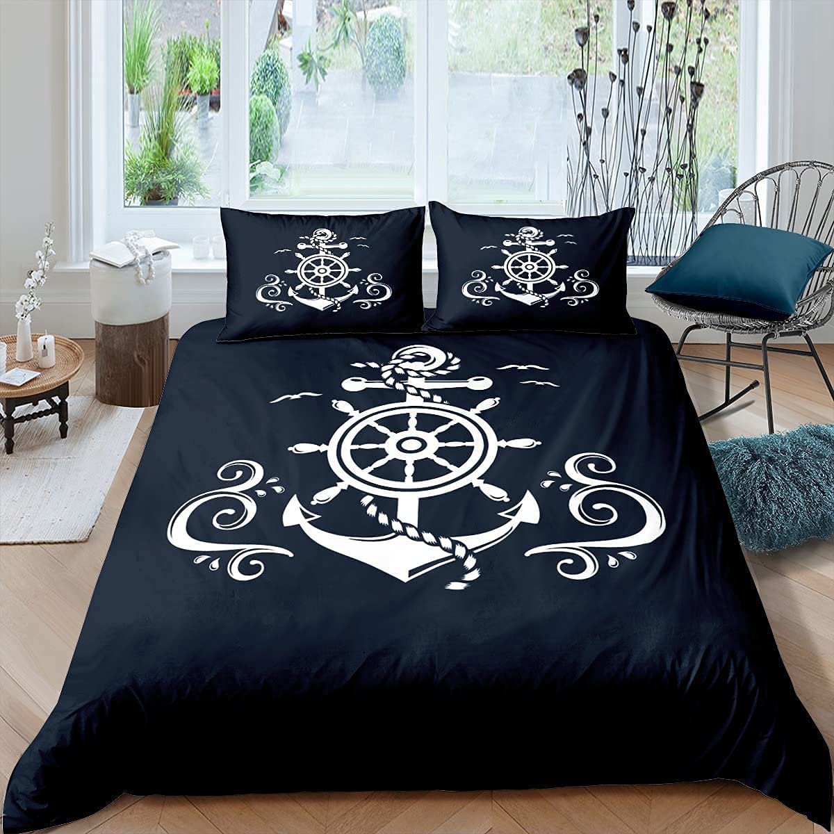 Homewish Nautical Anchor Bedding Set, Ocean Sailboat Navy Blue Duvet Cover King Size, Coastal Compass Comforter Cover, Blue Ocean Theme Bedspread Cover Bedroom Decor with Zipper, Multi 27 — image 1