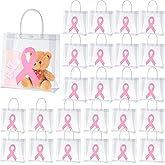 Gaillty 24 Pcs Pink Ribbon Breast Cancer Awareness Clear Gift Bags with Handles Clear Plastic Goodie Bags PVC Transparent Reusable Treat Handbags for Holiday Party Storage Organizer