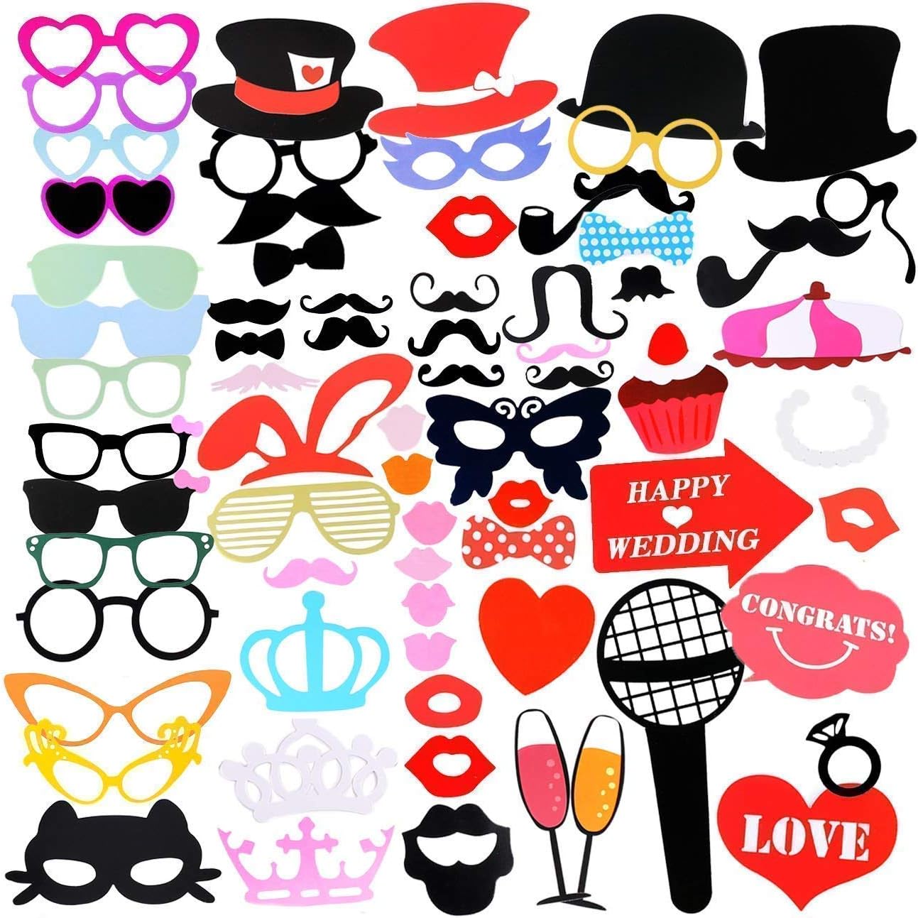 Photo Booth, 75pcs Colourful Set Photo Prop Moustache Wedding Party/ Hen Do Party/ Stag Night Game/ Birthday Party/ Family Reunion/ Graduation Party, Christmas and Any Other Festival and Parties