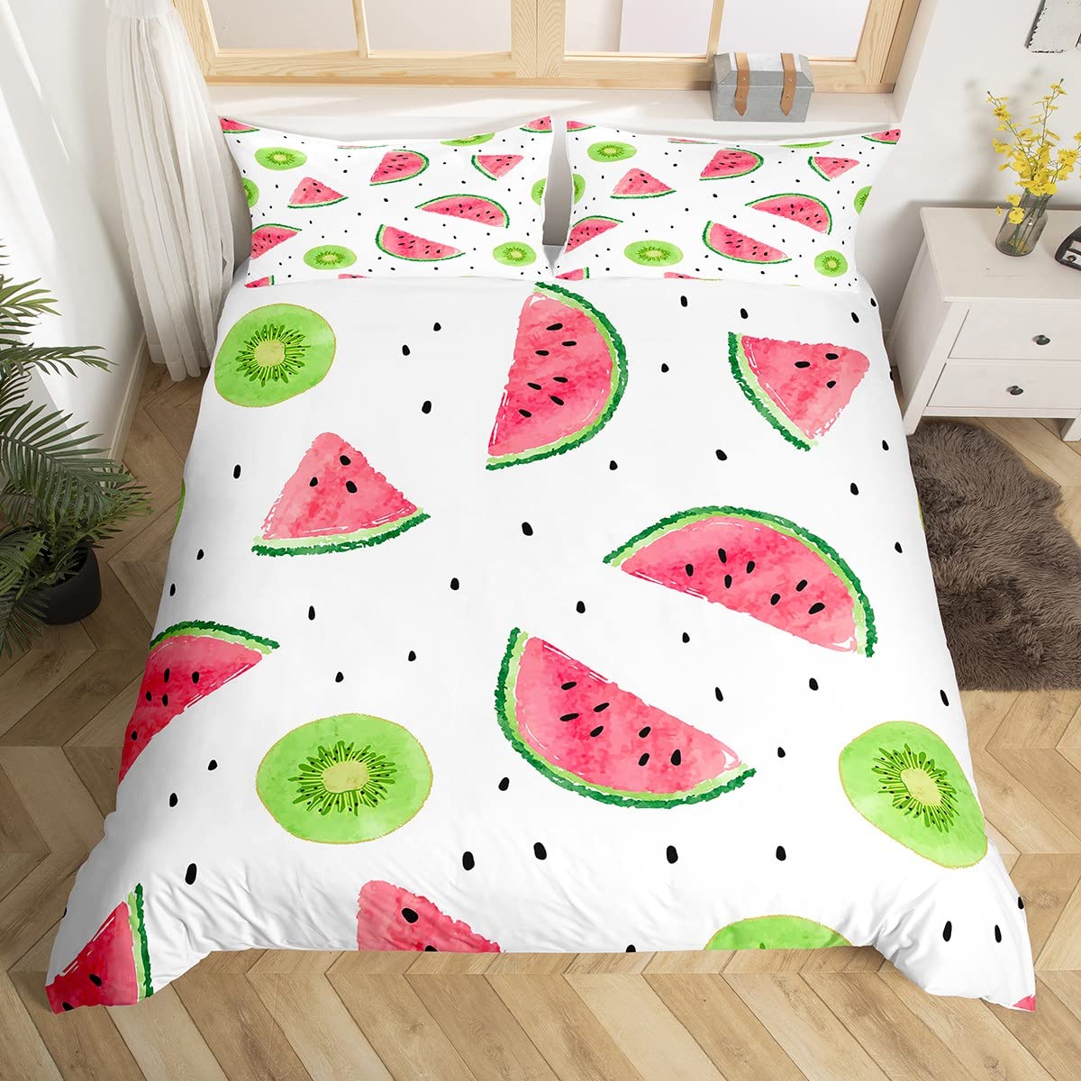 Manfei Cute Fruits Duvet Cover Set Single Size, Kiwi and Watermelon Comforter Cover with 1 Pillowcase, Summer Fruits Theme Bedding Set 2pcs for Kids Boys Girls Room Decor Lightweight Bedspread Cover — image 1