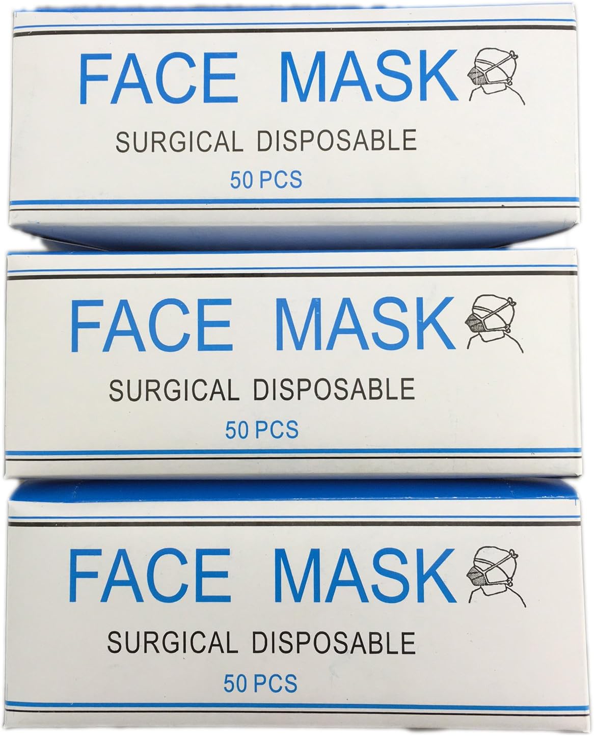 Pack of 3 Keystone Safety 50 Count Surgical Grade Disposable Face Masks With Ear Loops 150 Count Total - Latex Free Hypoallergenic for Adults and Children
