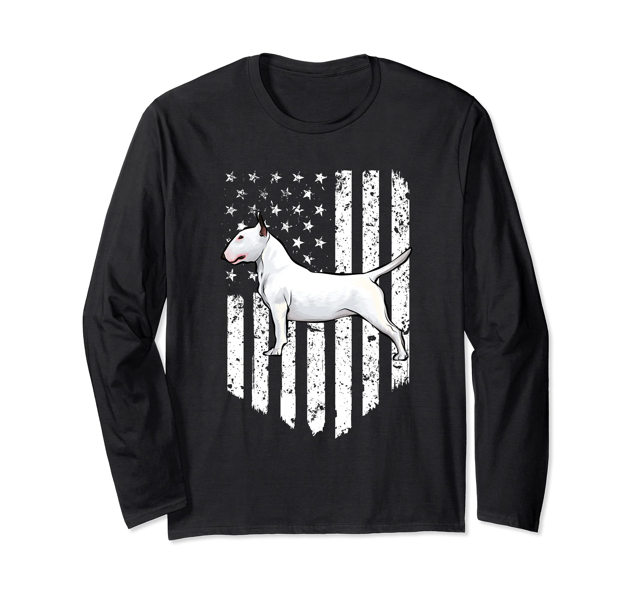 Black White American Flag Bull Terrier 4th Of July USA Long Sleeve T-Shirt