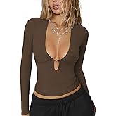 Hragc Women's Long Sleeve Deep V Neck Shirt Ribbed Knit Going Out Tops for Women Slim Fit Crop Trendy Y2k Casual Tight Shirts