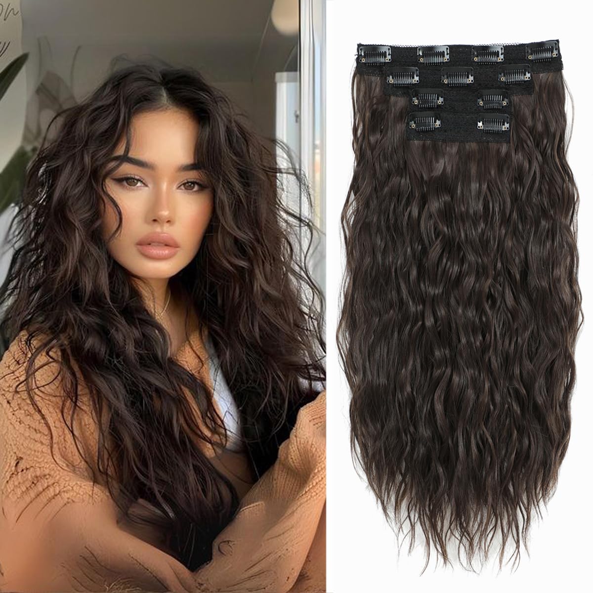 VEGALILY Upgrade 4PCS Hair Extensions Clip in 20inch Chocolate Brown Curly Hair extensions Natural Clip in hair Extension for Full Head Synthetic Fiber Hairpieces for Women