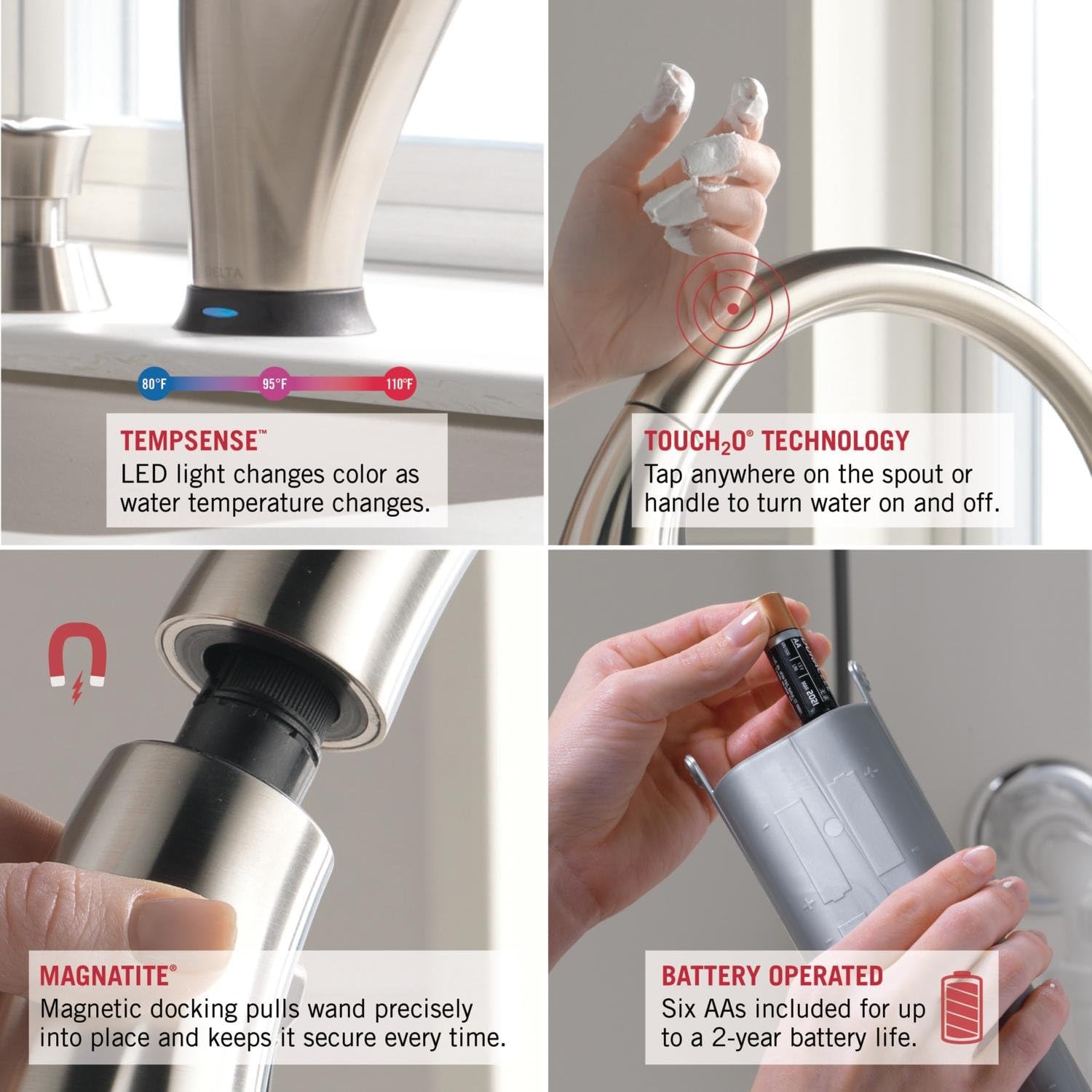 Delta Faucet Addison Single-Handle Touch Kitchen Sink Faucet with Pull Down Sprayer, Touch2O and ShieldSpray Technology, Magnetic Docking Spray Head, Arctic Stainless 9192T-AR-DST - Touch On Kitchen Sink Faucets - 