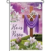 12 x 18 Inches "He is Risen" Easter Garden Flag Decorations - Double Sided Vertical Religious Cross Outdoor Decor, Purple Lilies Resurrection Theme Yard Flag for Home Church Easter Day Party Supplies