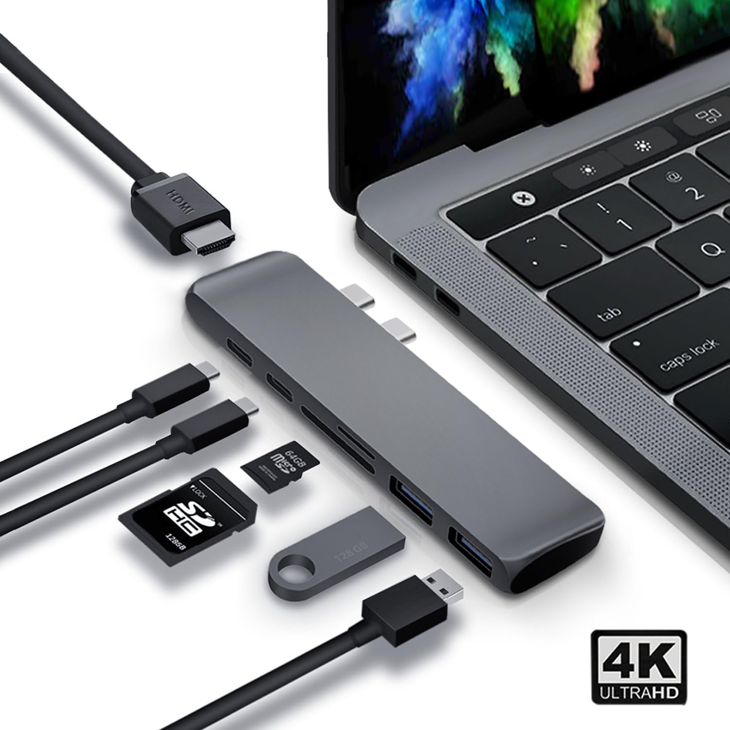 USB C Hub, v 7 in 1 Dual Type C Hub Adapter for MacBook Pro 2017/2016, 4K HDMI Output, Power Type C Charging Port, Type C 5 Gbps Data Port,TF/SD Card Reader and 2 USB 3.0 Ports