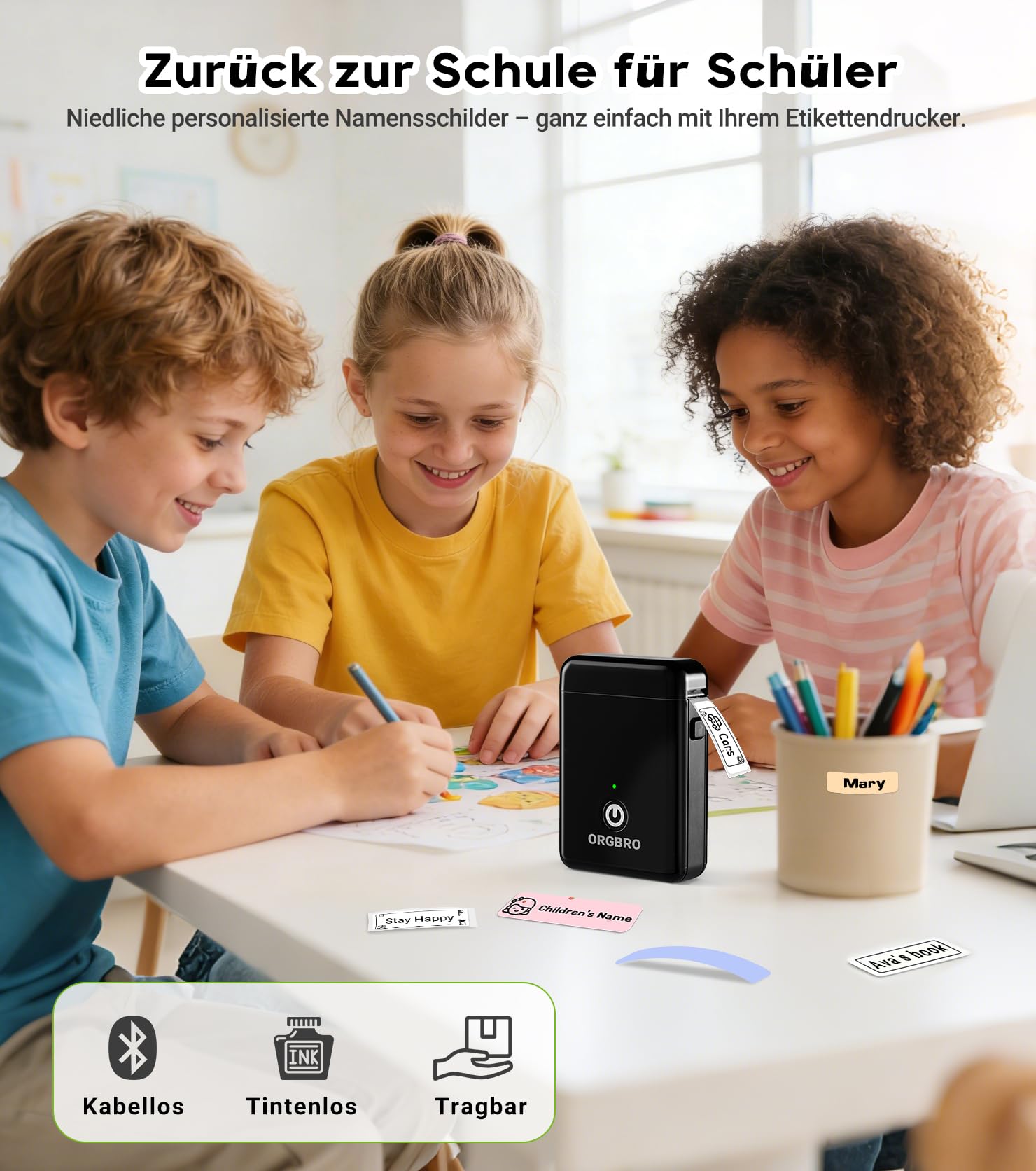 ORGBRO X1 Etikettendrucker, Etikettiergerät Mini Bluetooth Thermal Labeldrucker Selbstklebend Beschriftungsgerät, Tragbarer Label Maker für iOS/Android, Etikettiermaschine für Zuhause, Büro (Schwarz) 2