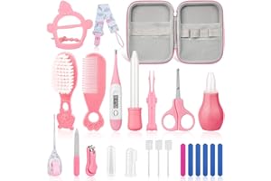 23Pcs Baby Healthcare and Grooming Kit modacraft Baby Safety Set with Baby Hair Brush Nail Clippers Lighting Ear Cleaner Baby Stuff Newborn Essentials for Nursery Newborn Baby Girls Boys Kids Pink