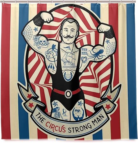 Amazon Vinisath 防水シャワーカーテン ノスタルジックなアイコンタトゥーと筋肉の強い男サーカススターの楽しみ 浴室 目隠し 間仕切り取付簡単 カーテンリング付属 おしゃれ バスカーテン 180ｘ180cm シャワーカーテン ホーム キッチン オンライン通販