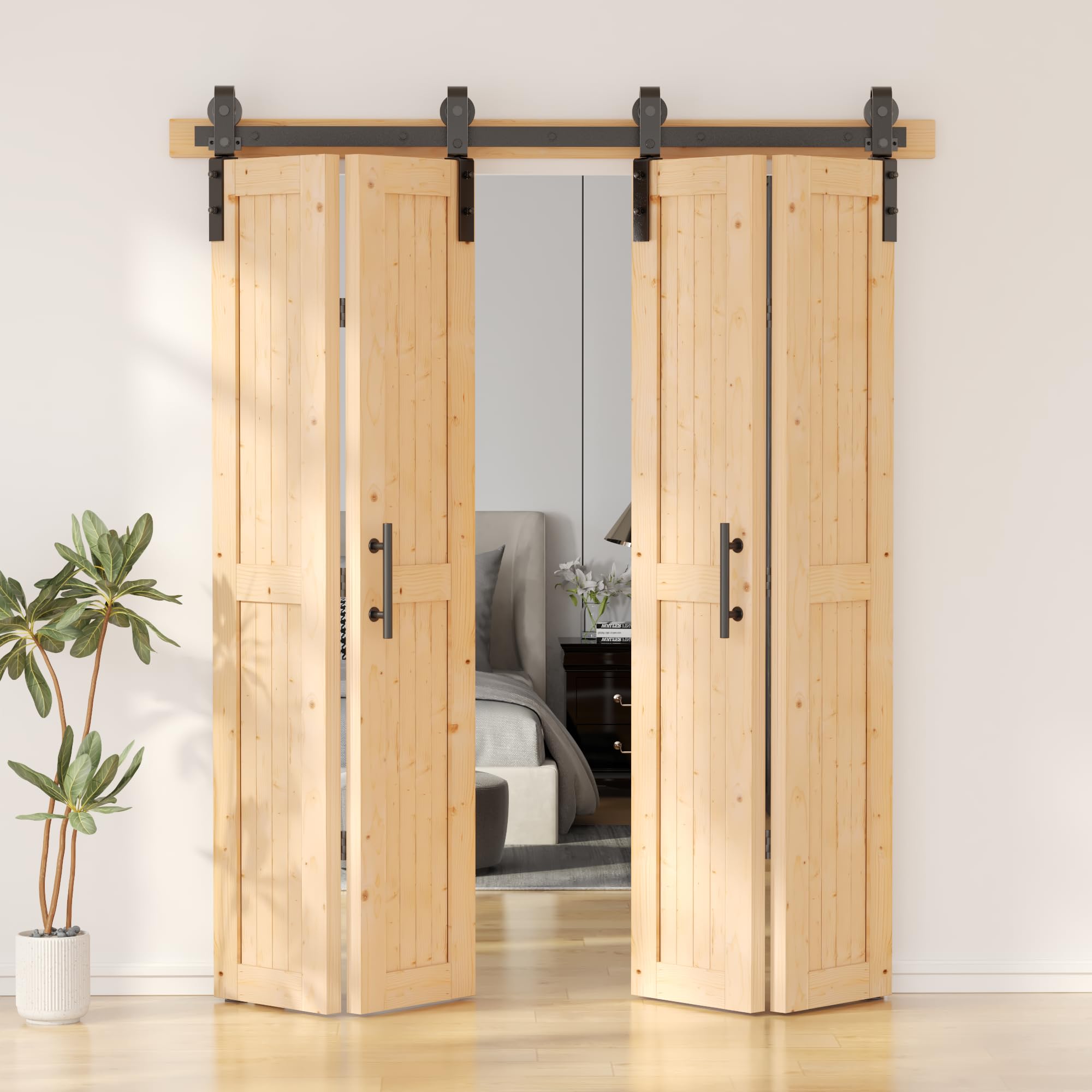 Photo 1 of SKYSEN 76" X 84" Bifold Barn Door with 80" Bifold Barn Door Hardware Kit, Including Handle and Pulls, Unfinished Solid Spruce Wood Panel, Pre-Drilled and Assembled(76 * 84-80-fold)