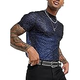 COOLOYA Men's Sheer See Through Mesh Tee Glitter Button Front Short Sleeve T-Shirt Tops