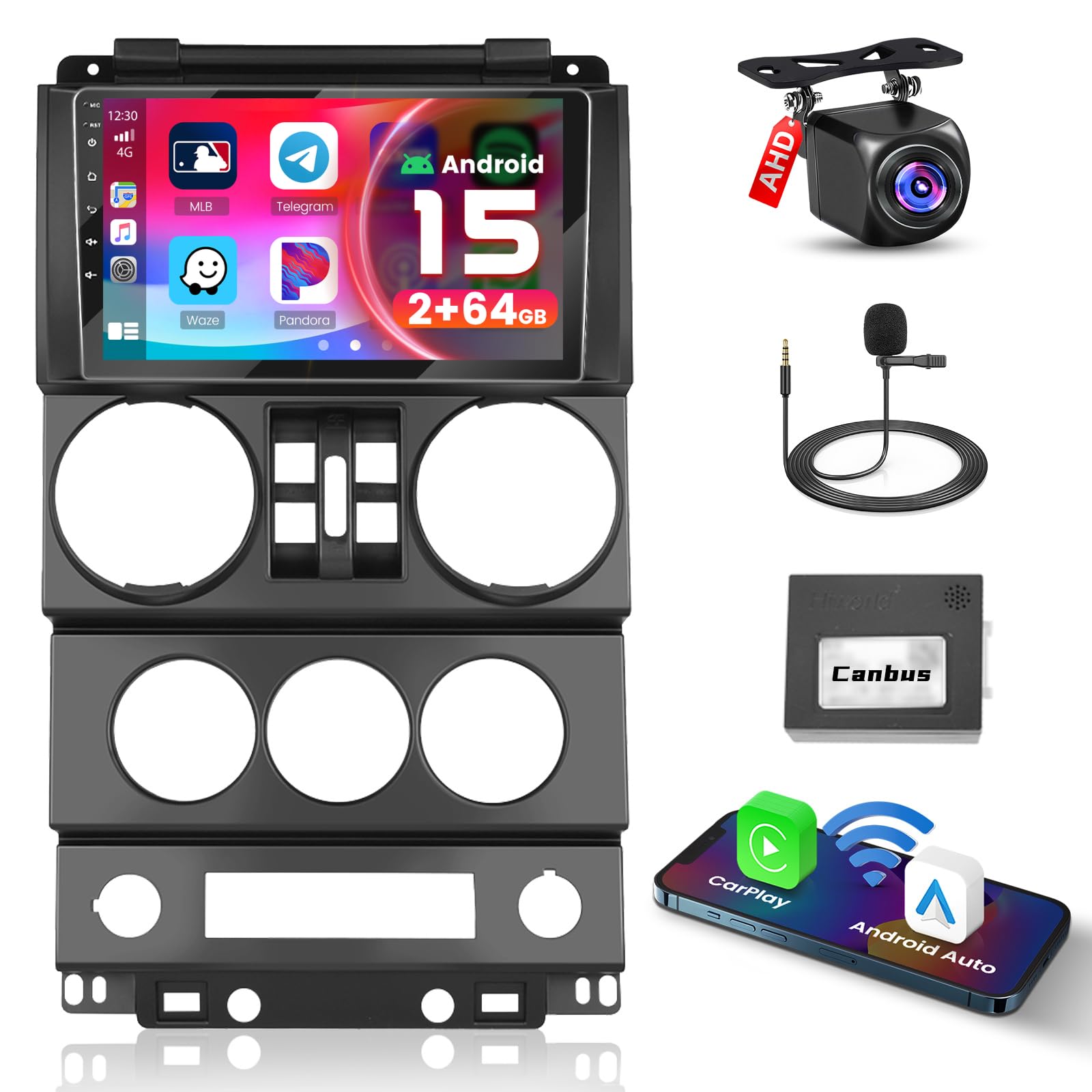 Photo 1 of [4 Core64G] Android 15 Car Radio for Jeep Wrangler 2007 2008 2009 2010 (4 Doors), Hikity 9'' Touchscreen Radio Wireless CarPlay Android Auto GPS Bluetooth 5G WiFi SWC EQ/FM/RDS Backup Cam Mic