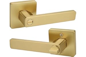 Gaurqiah Brushed Gold Door Handles, Heavy Duty Keyless Privacy Door Lever, Reversible Square Door Handle Without Keys for Bedroom Bathroom Doors, Satin Brass