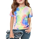 Haloumoning Girls Tie Dye Short Sleeve Shirt Kids Summer Fashion Crewneck Tops Casual Tees 5-14 Years