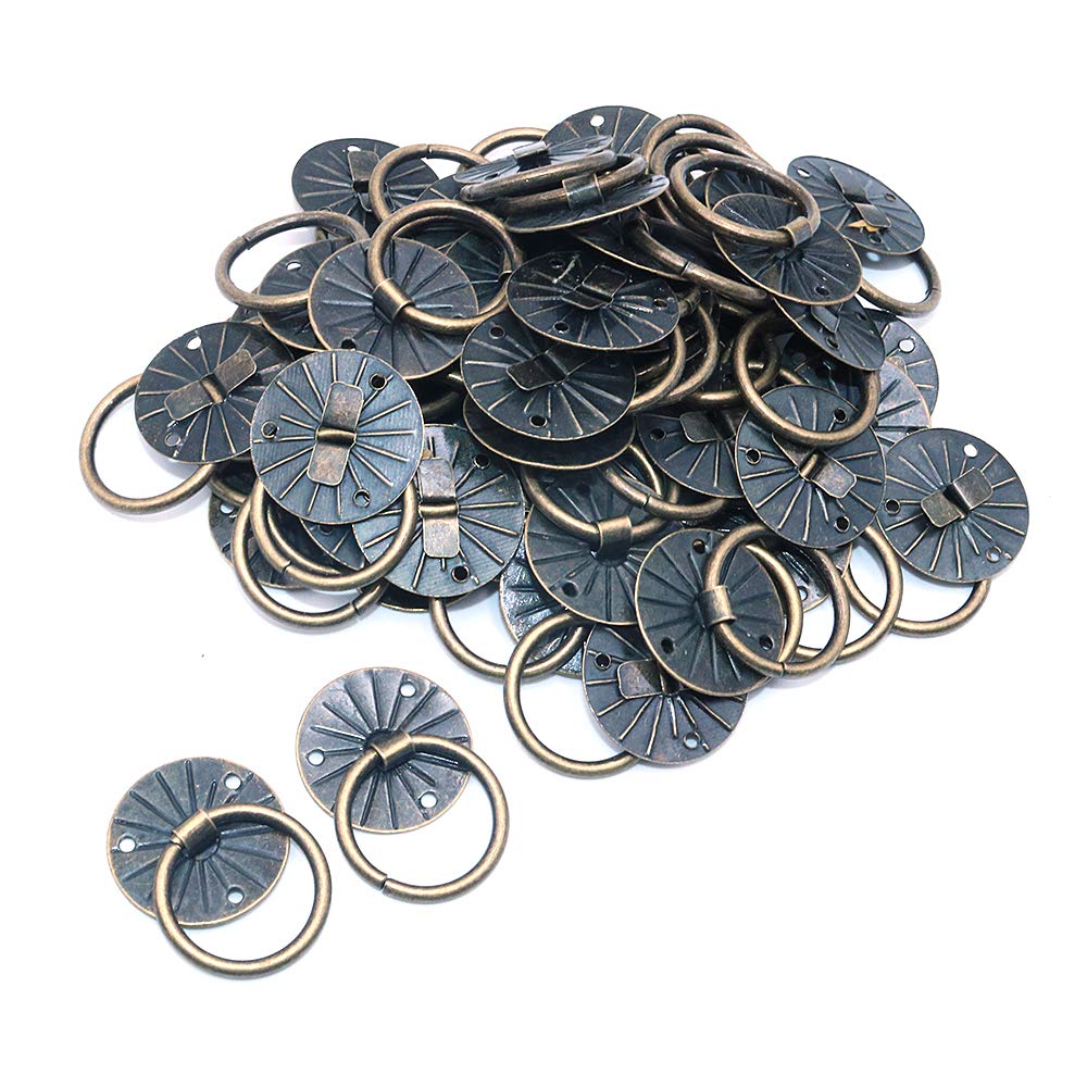Namvo 100Pcs Iron Retro Wooden Box Handles Drawer Knobs, 19mm Antique Flat Pattern Ring Pull Handle with Screws for Furniture Decoration, Green Bronze